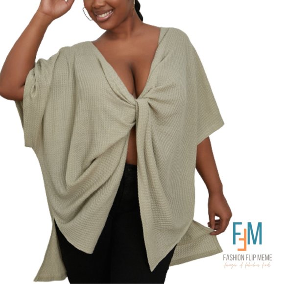 Oversized Twist-Front Short Sleeve Loose Fit Batwing High-Low Top, Plus Size - Picture 3 of 5